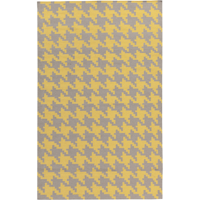Tapis gris/jaune en laine tissé à plat à la main Araliya, Rectangle 5 pi x 8 pi