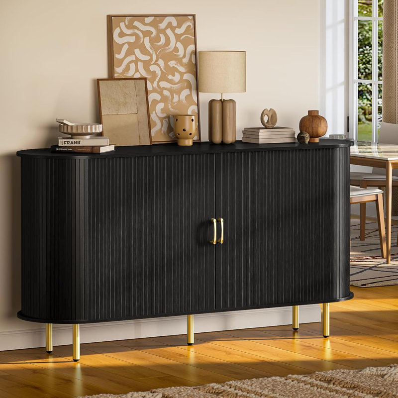 55" Wood Buffet Sideboard Cabinet With Storage, Mid-century Modern Coffee Bar Cabinet With Sliding Doors & Shelves, Accent Credenza Console Table For Kitchen, Dining Room, Entryway (black)