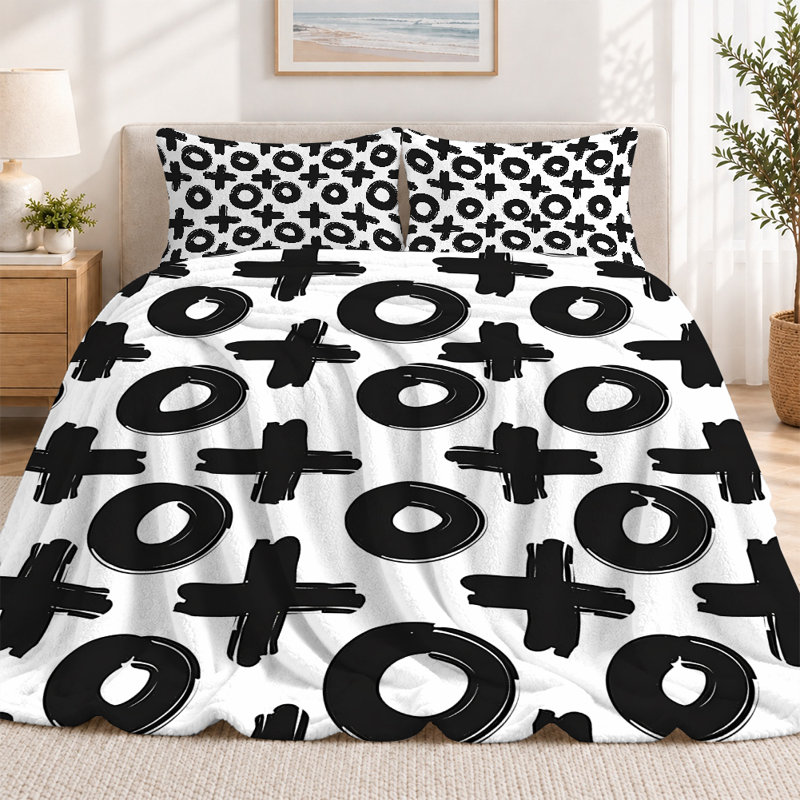 Ensemble de couverture en flanelle légère de qualité supérieure et 2 taies décoratives avec motif noir et blanc Plus 3)