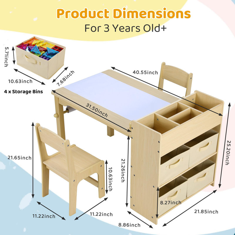 3-Piece Kids Art Table and Chair Set with Storage & Paper Roll Holder, 2 Ergonomic Chairs, for Drawing, Crafts & Play(beige)