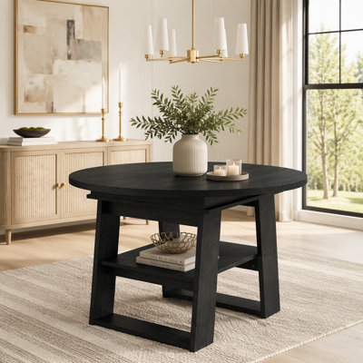 Extendable Round-to-Oval Dining Table with Built-In Flip-Up Leaf, H-Shaped Base, and Storage Shelf, Ideal for 4-6 People