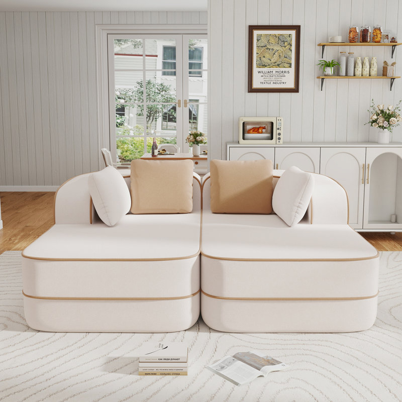 Chaise longue 77 pouces en tissu Teddy, Crème, crème