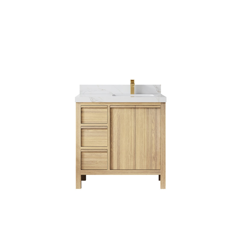 Chêne blanc Elizabeth X P 22 po D Meuble-lavabo de salle de bain décalé à droite avec quartz Cove Edge, Calacatta Sienna