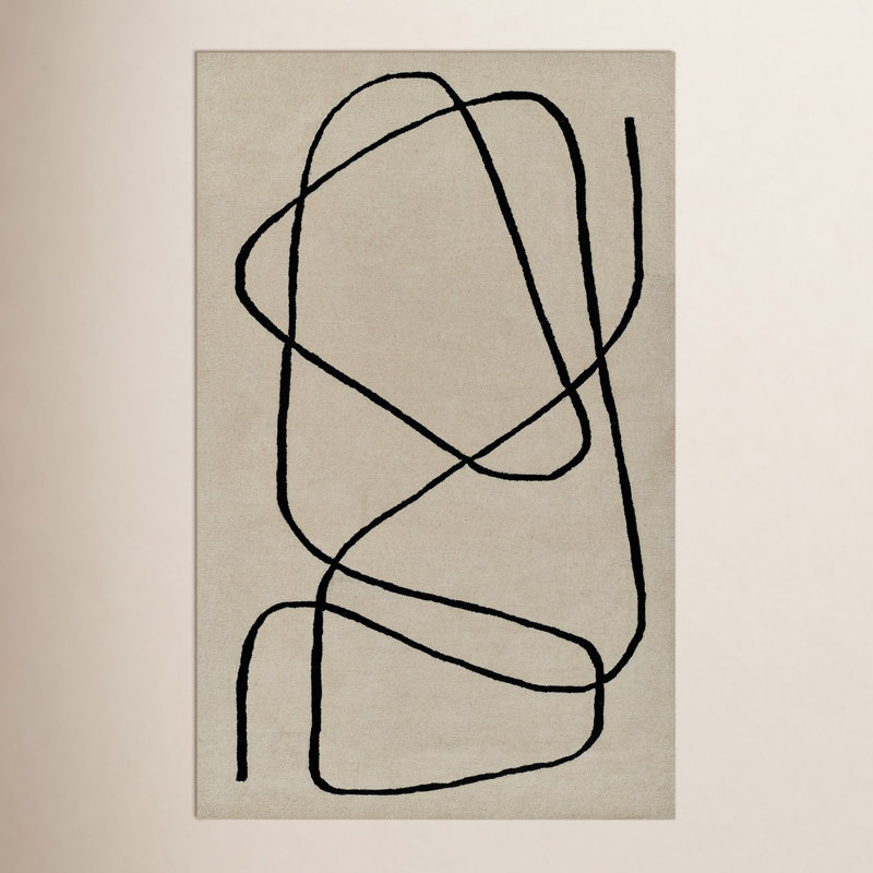 Tapis ivoire / noir en laine touffeté à la main à motif géométrique Whistler, Rectangle 5 pi x 8 pi