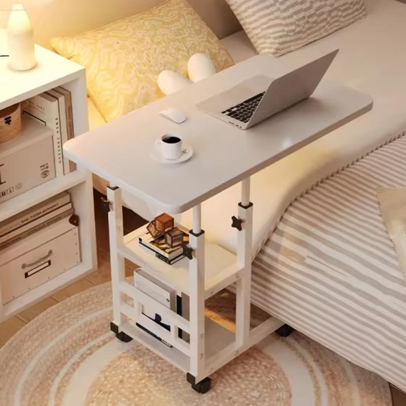 Table réglable en hauteur à roulettes avec plateau inclinable, table de lit mobile avec 3 tablettes de rangement, petite table d'appoint roulante pour canapé