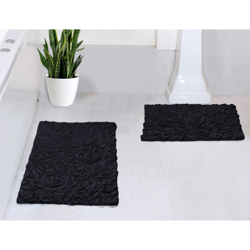 Tapis 100% coton lavable à la machine de la collection Bell Flower (ensemble de 2), Noir, noir, noir, noir