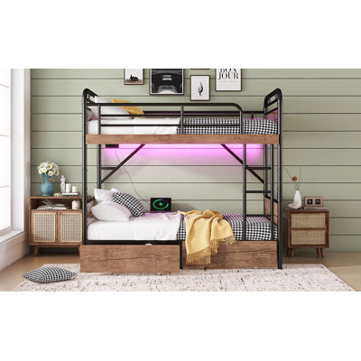 Twin XL over Twin XL Metal Bunk Bed, Detachable Metal Bunk Bed with LED Light and Charge Station, Twin XL Bunk Bed with Two Storage Drawers, Black(Exp