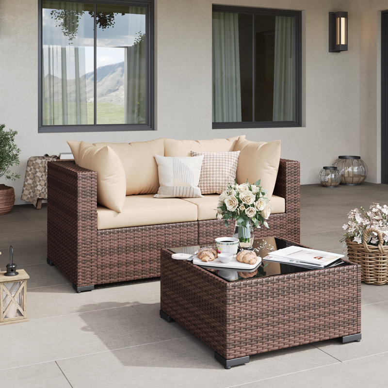 Ensemble de conversation en osier pour 2 personnes avec coussins et table basse, Beige