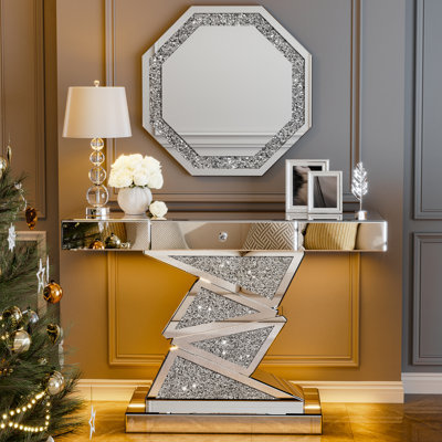 Set of 2 LED Mirrored Console Table with Octagonal Decorative Wall Mirror, 47.2'' Silver Entryway Sofa Table with 27" Crushed Diamond Wall Mirror Set for Living Room, Hallway, Foyer, Entrance
