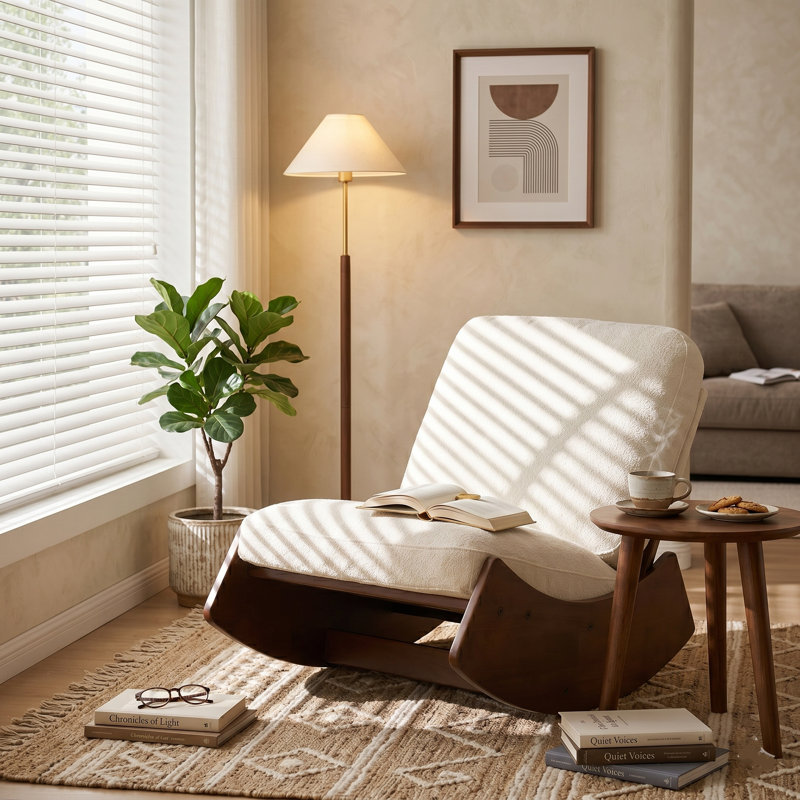 Solid Wood Rocking Chair, White Corduroy