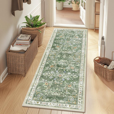 Tapis floral floral - vert - boho, antidérapant, lavable, imitation laine à poils courts, tapis vieilli pour le couloir / la cuisine / la chambre à coucher