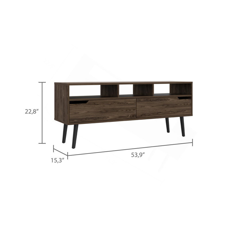 Tv Stand For TV´S Up 52" Bull, Three Open Shelves, Two Flexible Drawers, Dark Walnut Finish