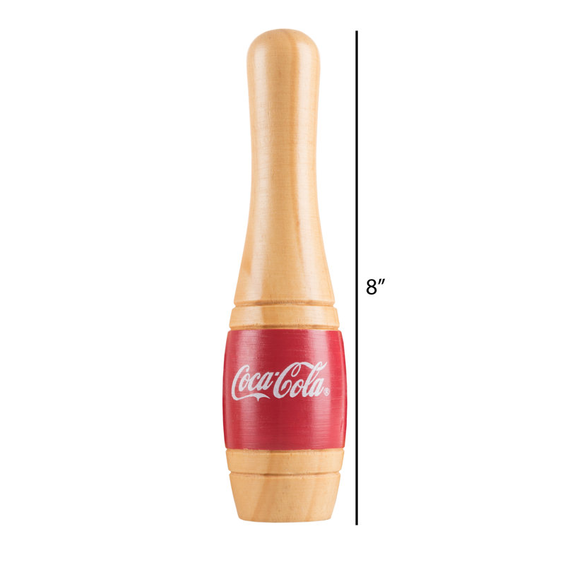 Jeu de quilles Coca Cola - Jeu de quilles intérieur et extérieur pour adultes et enfants - 10 quilles en bois, 2 balles et un sac de transport en filet par Hey Play (rouge)