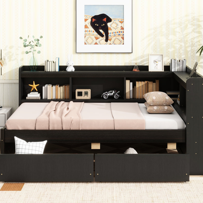 Twin Bed With L-Shaped Bookcases, 2 Drawers, Ports, Pine Made Charging,, Espresso