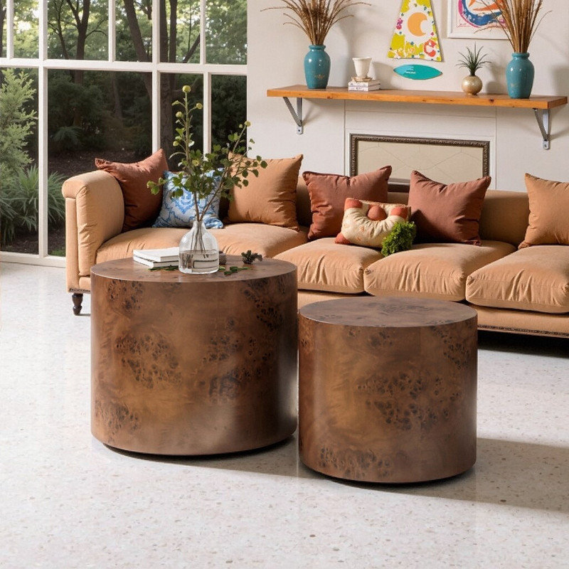 Ensemble de 2 tables d'appoint rondes en bois, Marron foncé