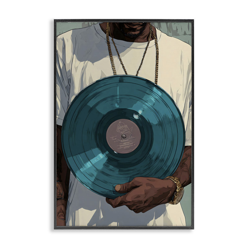 Musicien et disque bleu, estampe numérique, design par Franklyn Gregory, 30 x 20, Midnight Black Giclee Framed
