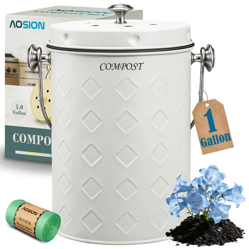 Cuisine pour bac à compost Aosion, bac à compost sans odeur pour l'intérieur avec couvercle, contenant à compost pour déchets alimentaires, 2 filtres à charbon, petit seau à compost, sacs à ordures, blanc crème