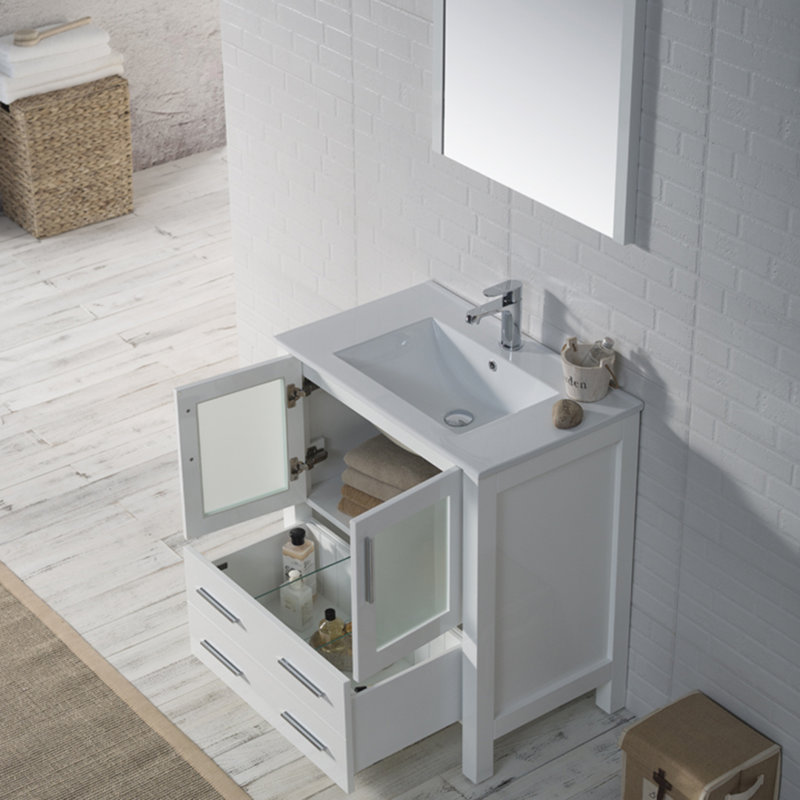 Mance 30'' Single Bathroom Vanity with Ceramic Top, Glossy White