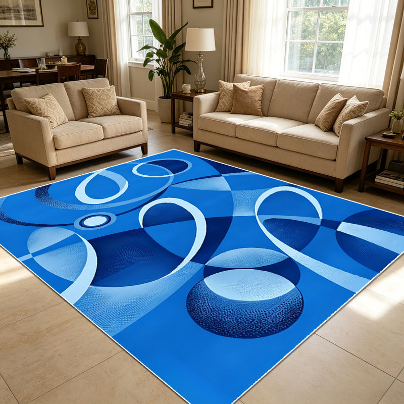 1PC Modern Abstract Blue Geometric Circle Pattern area rugs for Living Room, Soft and Comfortable, Suitable for all seasons, easy-to-maintain, machine washable Indoor floor mat, Under Table Farmhouse suitable for dining room, bedroom, home office,