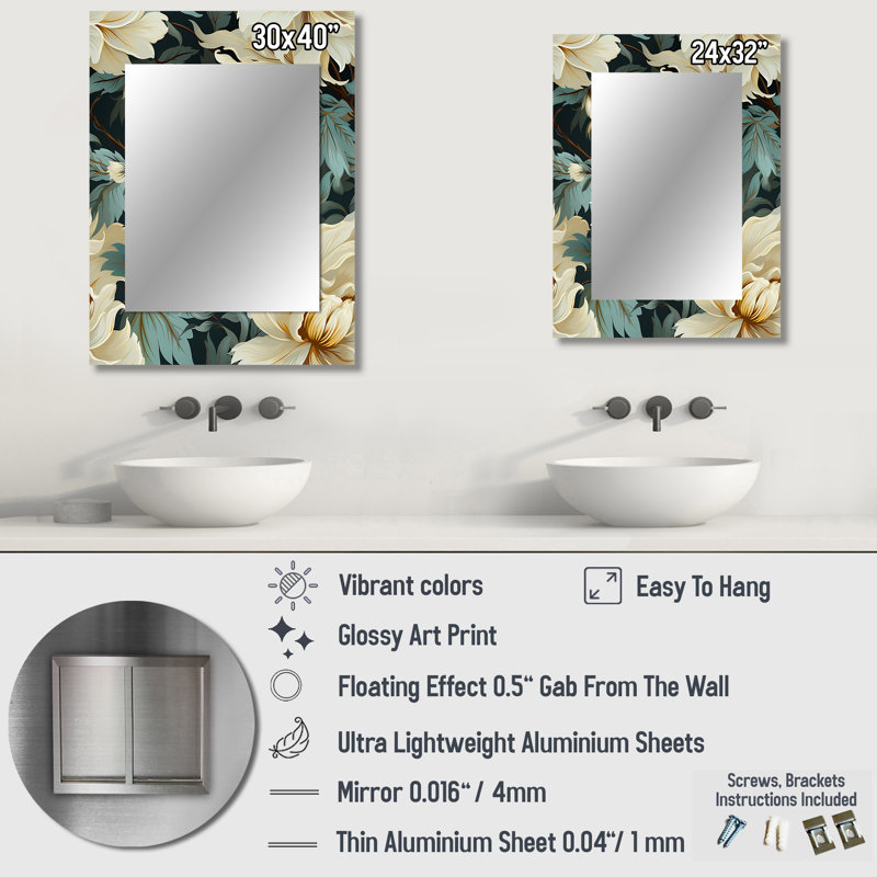 Aleksy blanc et bleu naturel damassé sérénité - miroir décoratif floral, chalet, miroir mural traditionnel, impression d'art en métal