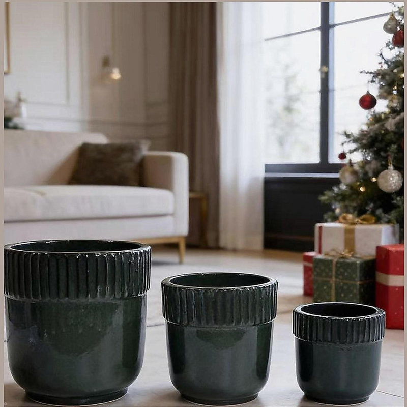 Handmade Ceramic Planter Set of 3, 15 Inch Diameter, Black Ribbed Pattern, for Succulents Indoor/Outdoor Use on Windowsill & Bookshelf, Breathable Clay