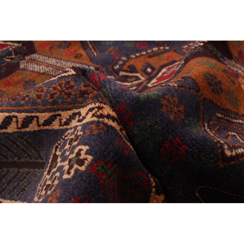 Tapis bleu marine en laine noué à la main de conception unique 3 pi 11 po x 6 pi 11 po New Age Corto