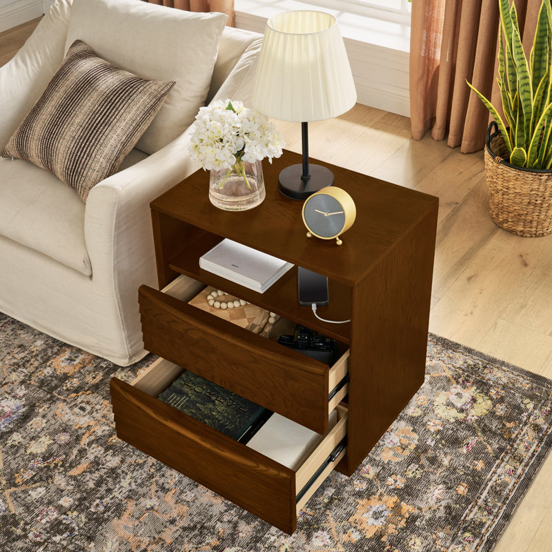 Table de chevet moderne Mid-Century avec station de charge pour chambre à coucher, Brown