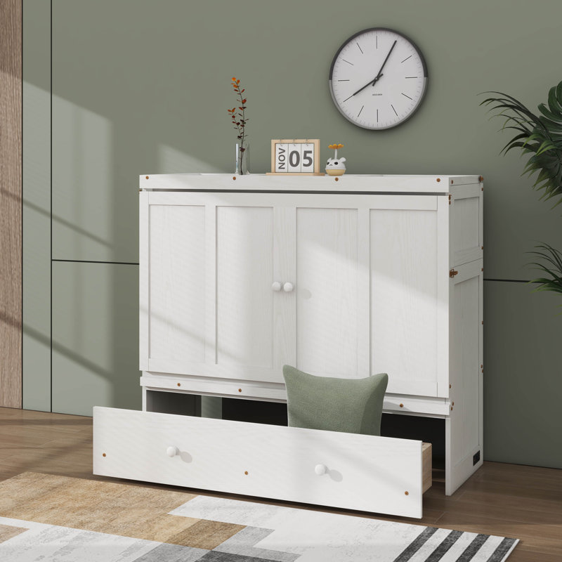 Lit escamotable spacieux avec rangement de tiroir intégré pour les essentiels, Lit double, Blanc