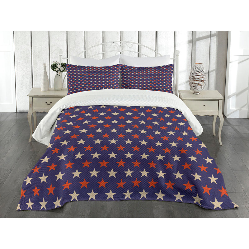 Queen Blue Quilted Bedspread Set with Stars