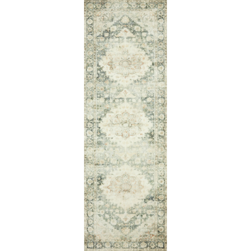 Tapis oriental bleu sarcelle / ivoire, Tapis de couloir 2 pi 6 po x 7 pi 6 po