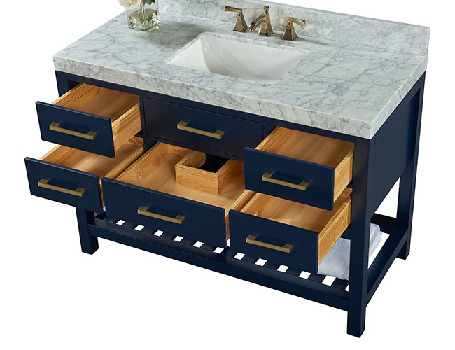 Elizabeth 48'' W Single Vanity, Carrara White, Gold, Heritage Blue