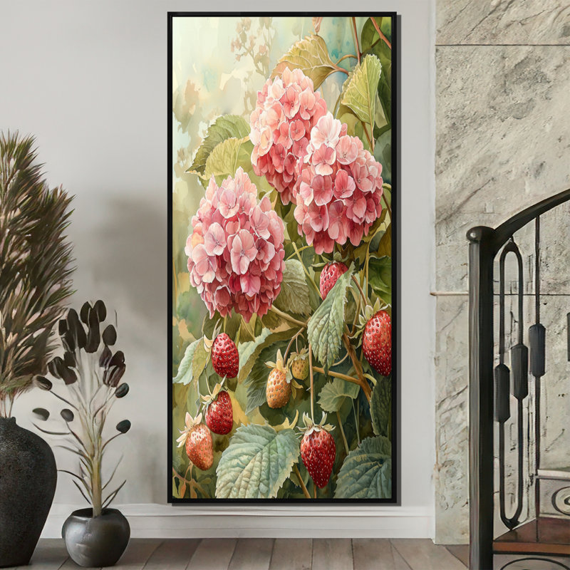 Hydrangeas in the Strawberry Patch - Hydrangea Wall Art, H 60 po x l 28 po, Noir, Reproduction encadrée sans passe-partout