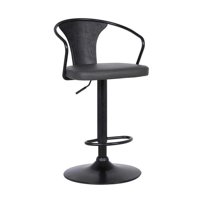 Almus Swivel Adjustable Height Bar Stool with Pedestal Base in Faux Leather, Wood and Black Metal, Grey Faux Leather