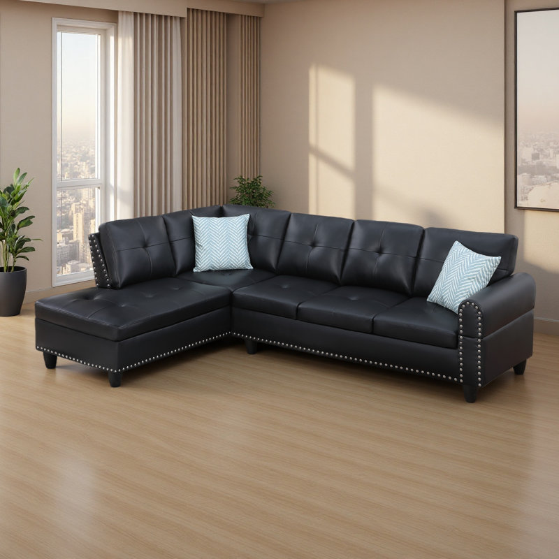 Canapé modulaire en L en similicuir avec rangement et porte-gobelets 2 pièces, Noir