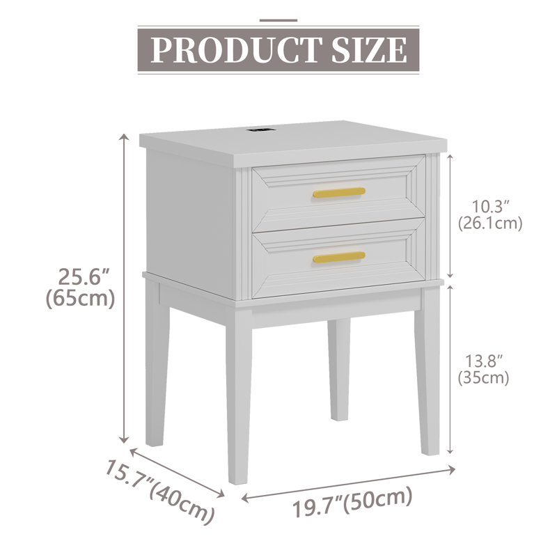 25.6“H Nightstand with Built-In Outlets and Lights, White