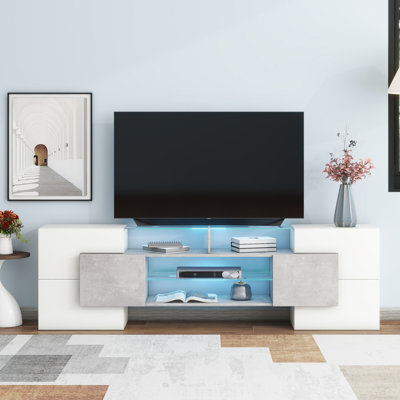 Unique Shape TV Stand With 2 Illuminated Glass Shelves, High Gloss Entertainment Center For Tvs Up To 88", Versatile TV Cabinet With LED Color Changing Lights For Living Room