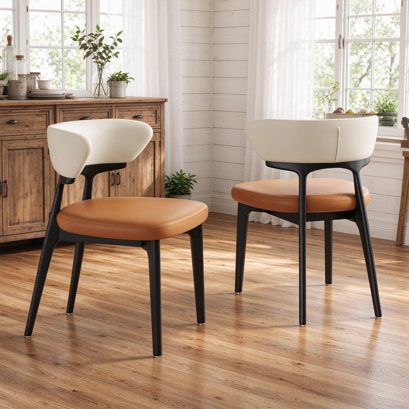 Ensemble de 2 chaises de salle à manger modernes entièrement assemblées en similicuir blanc et brun caramel avec des pieds en bois massif