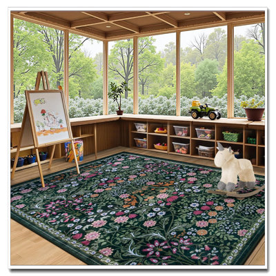 Floral 5X7 Washable Area Rug, Vintage Soft Boho Non-Slip Carpet, Dark Green Stain Resistant Indoor Large Rug For Living Room Bedroom Dining Room Farmhouse Nursery Hallway Home Office
