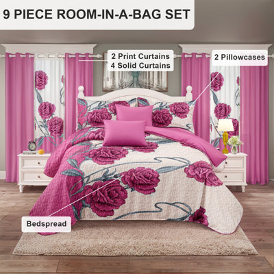 Queen Size Comforter Set 9 Pieces, All Season Luxury Bed in a Bag for Bedroom, With Matching Curtains, Soft Microfiber, Pink Rose