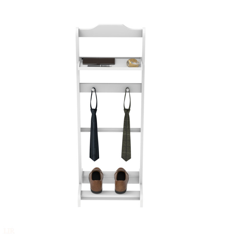 Accent Portable Garment Rack, Clothes Valet Stand With Storage Organizer, White Finish, Ideal For Organizing And Maximizing Space In Bedrooms And Entryways.