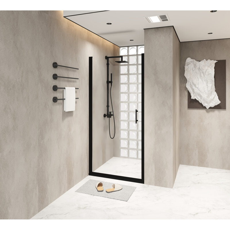28"x72" Tempered Glass Pivot Shower Door In Matte Black Aluminum Frame, Film, Practical Stainless Steel Handle, Swing Design For Bathroom Renovation 28x72 Inch With Mechanism, 1/4" Glass, Water -