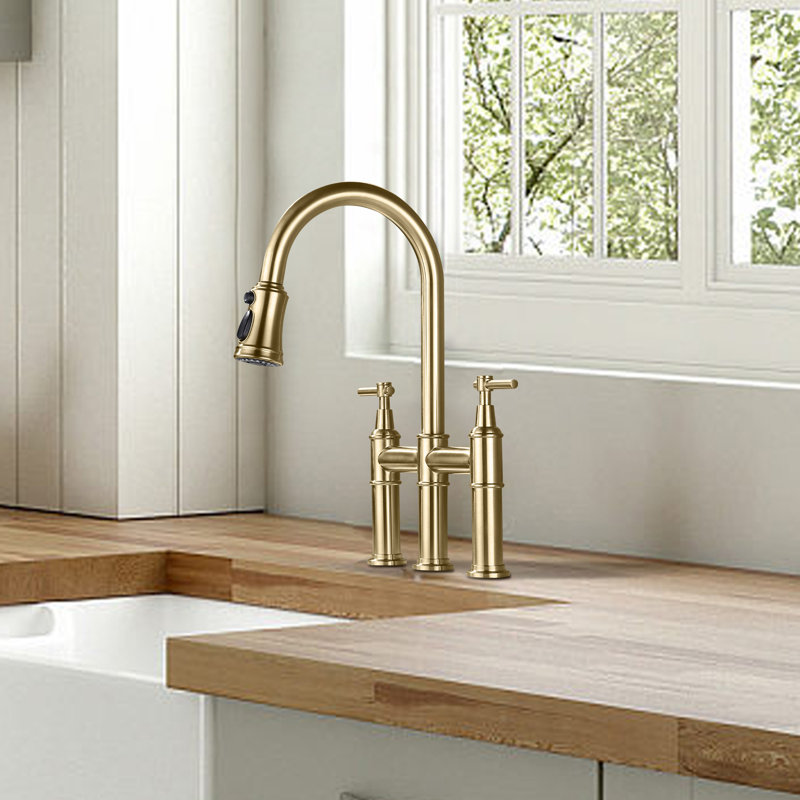 Robinet de cuisine Bridge avec douchette rétractable, robinet de cuisine à 3 trous or brossé, robinet d'évier de cuisine, acier inoxydable