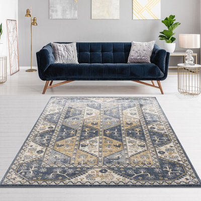 Tapis à bordure carrelée, polypropylène, velours mi-doux de 0,4 po, imprimé géométrique crème bleu, décoloration, facile à nettoyer, tapis pour espaces de vie, velours à 100%, salle blanche