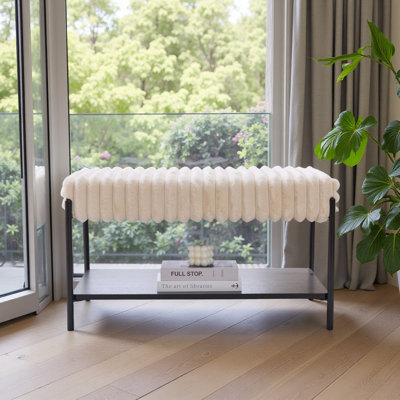 Repose-pieds avec repose-pieds de 30,7 po de large avec repose-pieds en métal, repose-pieds avec tablette de rangement ouverte en bois, tabouret pour le salon, la chambre à coucher et le vestibule