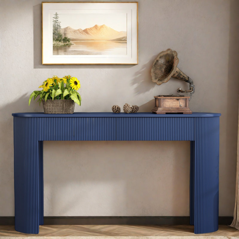 Modern Console Table With Oval Top, 2 Drawers And Fluted Design, Navy