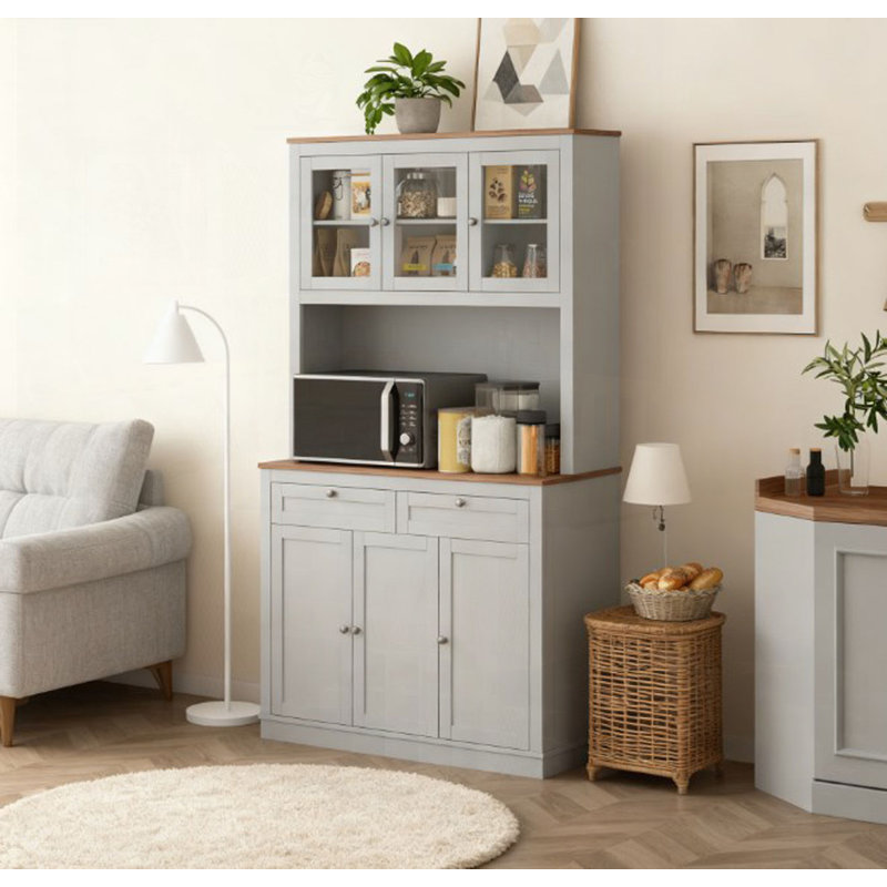 Armoire de cuisine pratique avec support pour micro-ondes, huche de cuisine avec tiroirs et tablettes réglables, Gris / Chêne