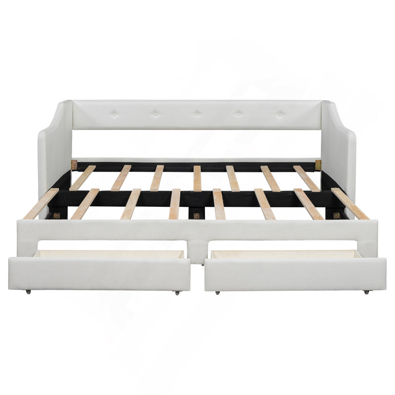 Lit de jour simple rembourré très grand avec deux tiroirs, beige