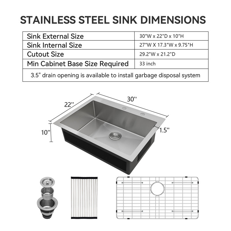  30" L x 22" W Drop-in Kitchen Sink 16 Gauge Stainless Steel Single Bowl Kitchen Sink with Wide Pannel