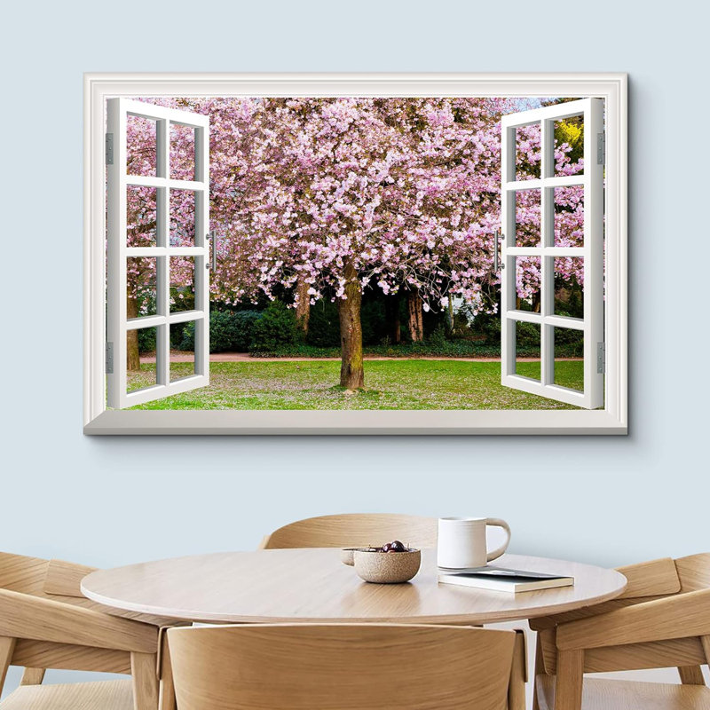 Fenêtre, paysage, fleurs de sakura en fleurs au printemps - impression sur toile tendue, H 32 po x l 48 po