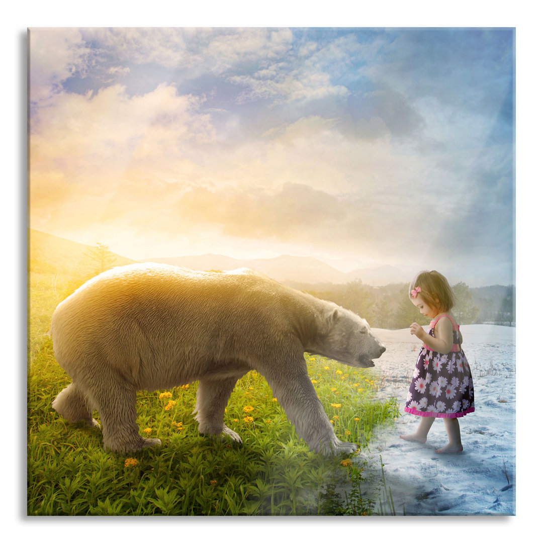 Glasbild Polar Bear in Summer and Girl in Winter